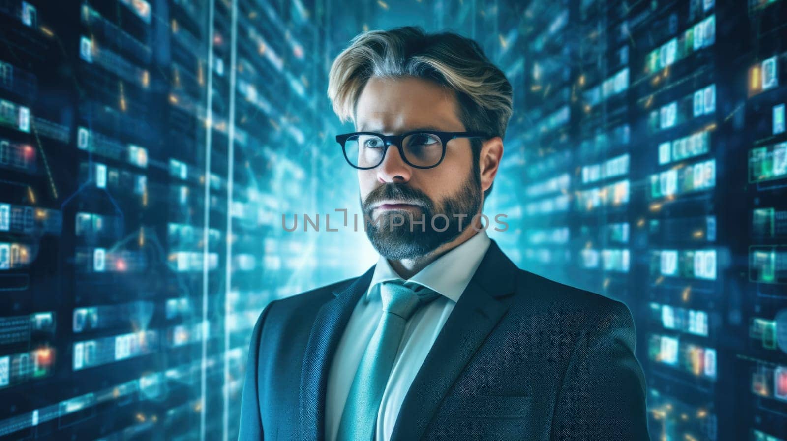 Business person overloaded by stress from business data and information that come from work, technology, social media and marketing business strategy received by a corporate employee