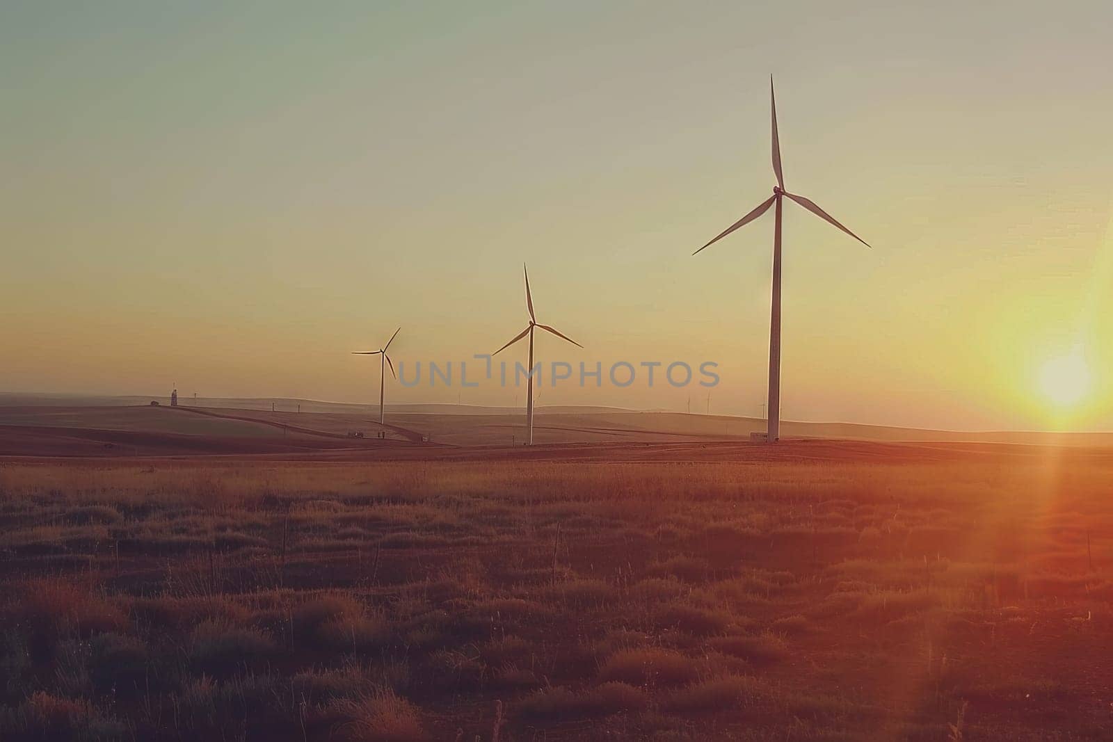 A wind farm with three wind turbines in the background. Generative AI by nateemee