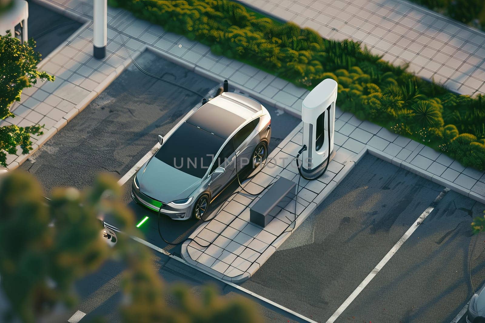 A Tesla car is parked at a charging station. Generative AI.