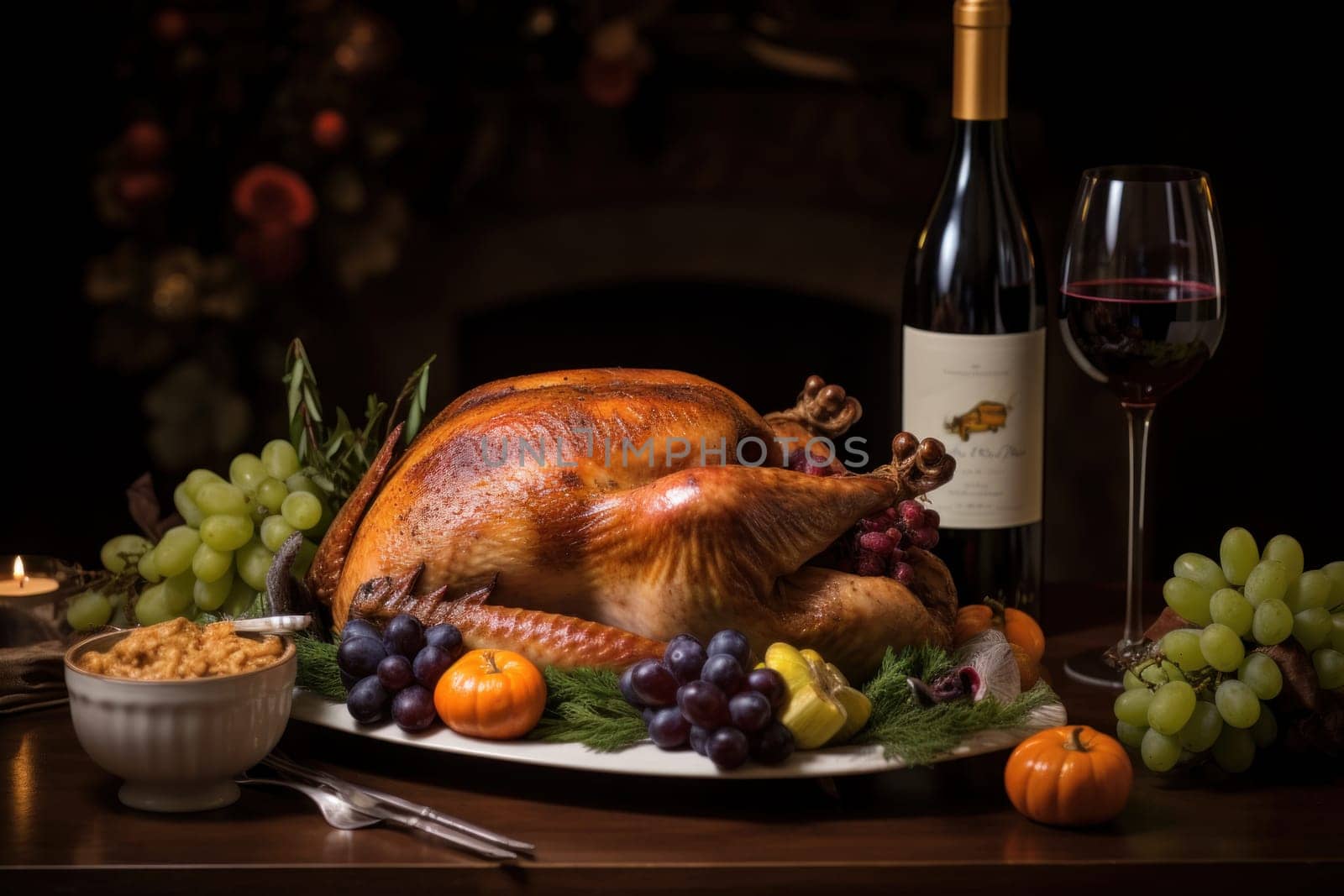 roasted turkey with vegetables and herbs is a traditional dish for thanksgiving or Christmas day. AI generative.