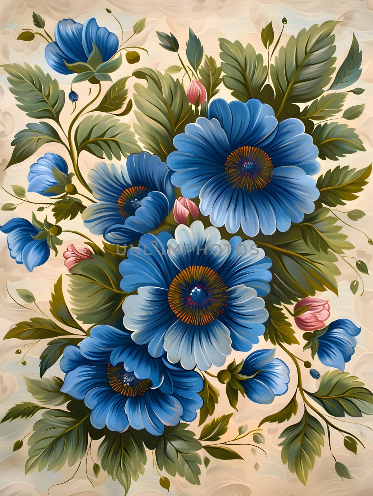 A creative arts piece featuring electric blue flowers with green leaves on a beige background. The artwork showcases the beauty of botany and the delicate petals of the flowers