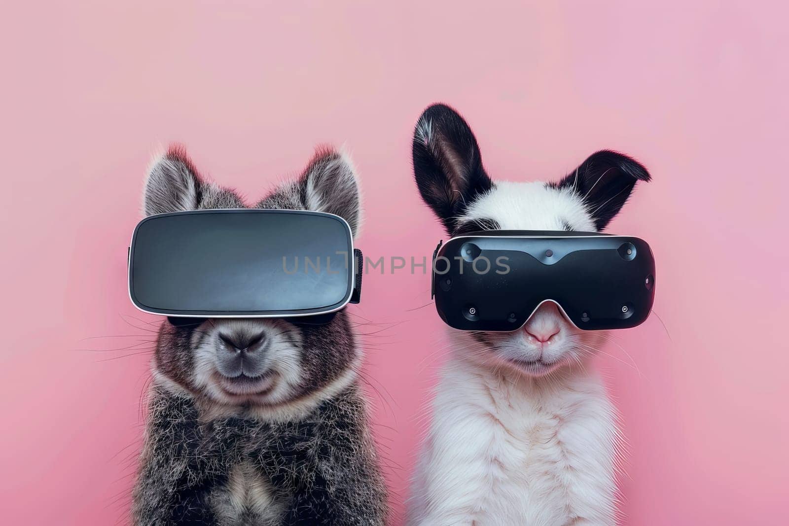 Two rabbits wearing virtual reality goggles. Generative AI.