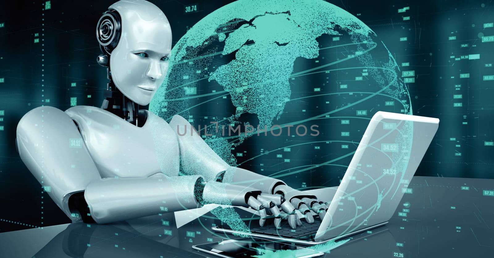 XAI 3d illustration Futuristic robot artificial intelligence huminoid AI data analytic technology development and machine learning concept. Global robotic bionic science research for future of human life. 3D rendering.
