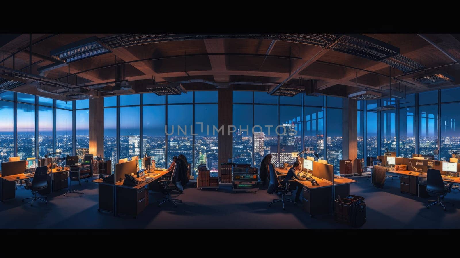 A group of people are sitting at desks in an office at night AIG41 by biancoblue