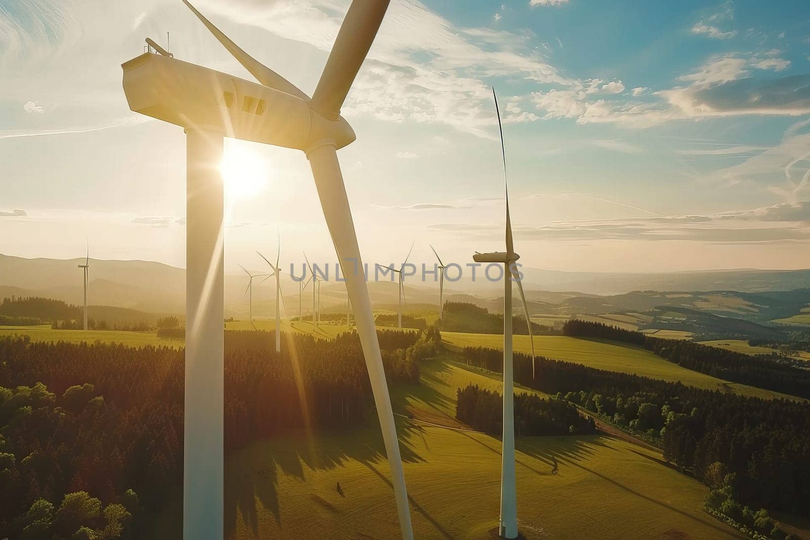 A wind farm with several wind turbines in a field. Generative AI.