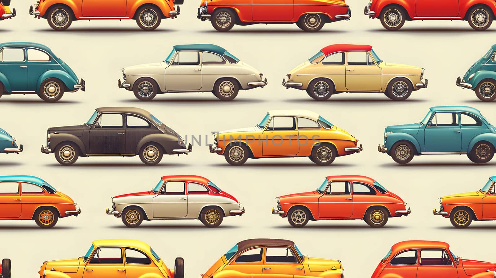 An array of diverse cars, ranging from yellow to toy cars, are neatly parked in a row. Each car represents a different make and model, showcasing a variety of wheel and tire designs