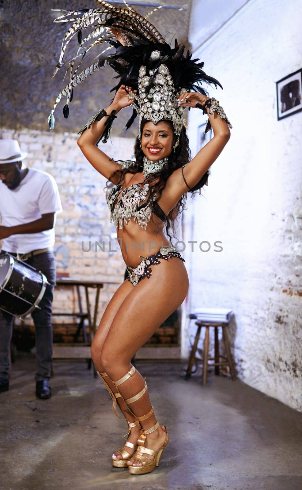Women, samba and portrait with show at carnival, band and dancer with smile, culture or creativity in nightclub. Girl, people and dancing to music, stage or fashion for celebration in Rio de Janeiro.