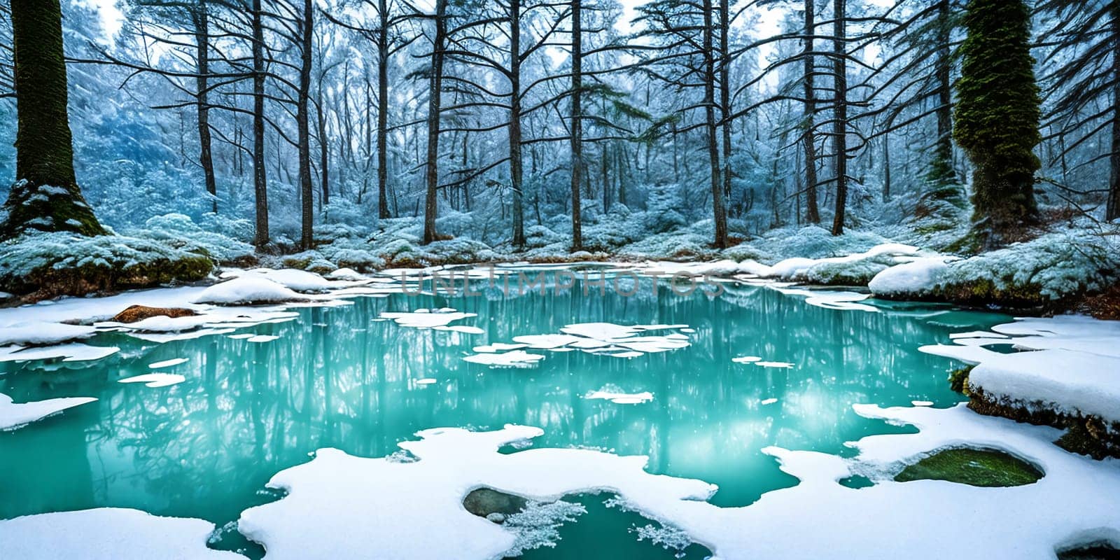 Frozen Fairy Pond. In the heart of a snow-covered forest, a pond lies frozen. Delicate frost patterns adorn its surface, and beneath the ice, mythical creatures slumber.The stillness and magic of winter.