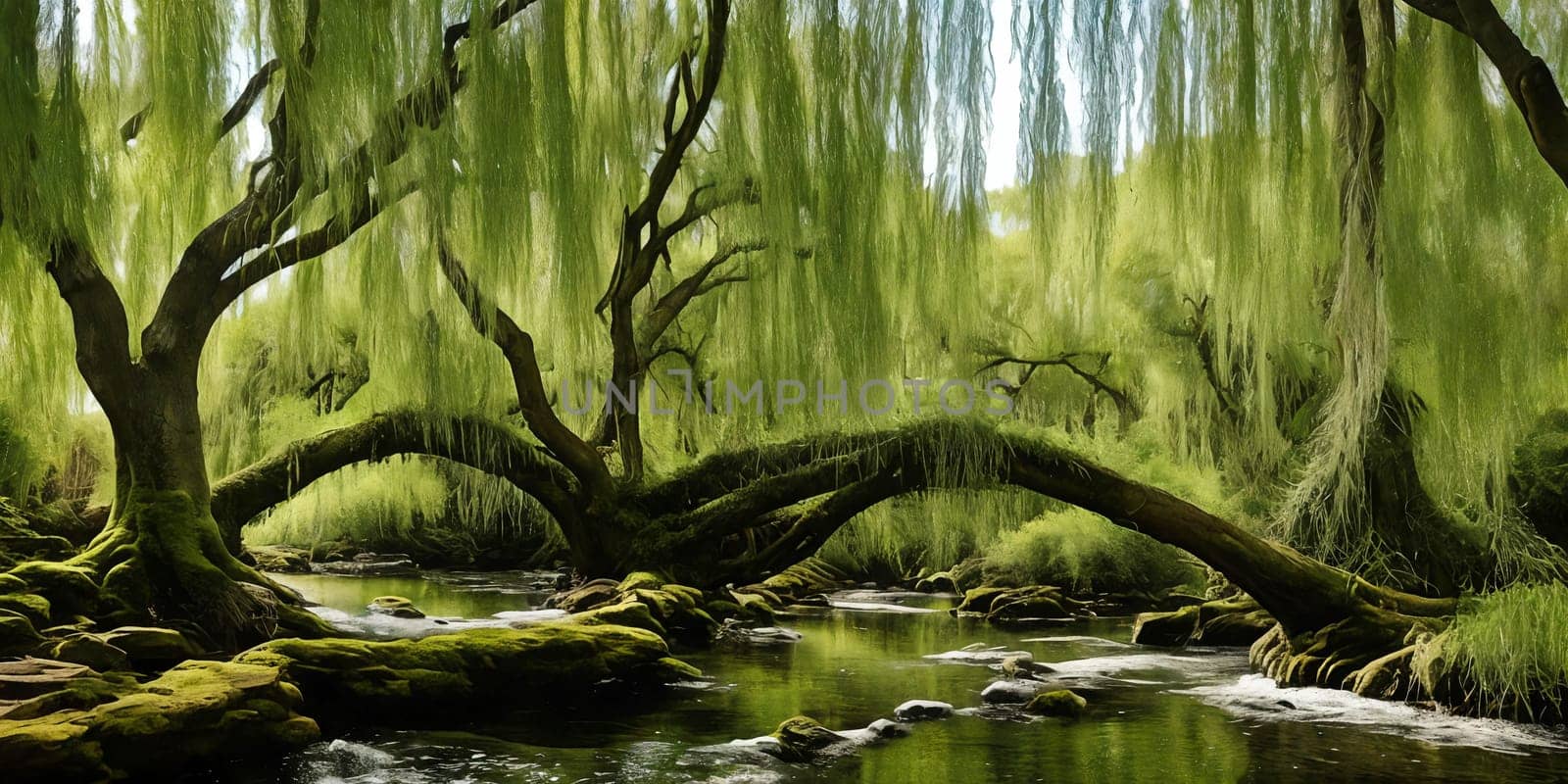Whispering Willow Grove. Beneath ancient willow trees, their long branches trailing in a silver rive by GoodOlga
