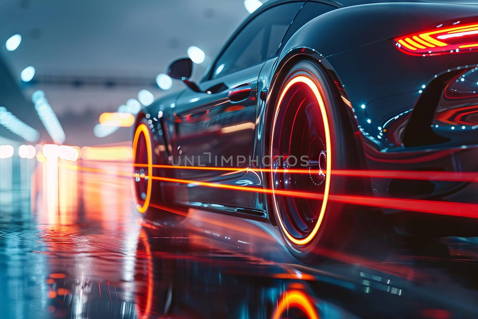 A car with bright orange wheels is driving down a wet road. Generative AI by nateemee