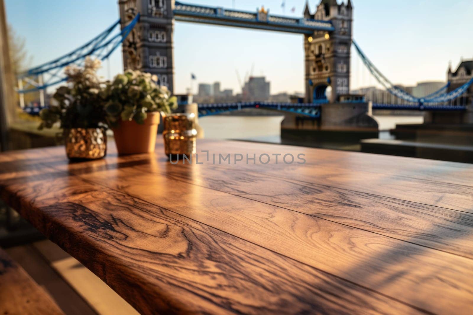 Wood table mockup with London . Copy space for product. Generative AI by matamnad
