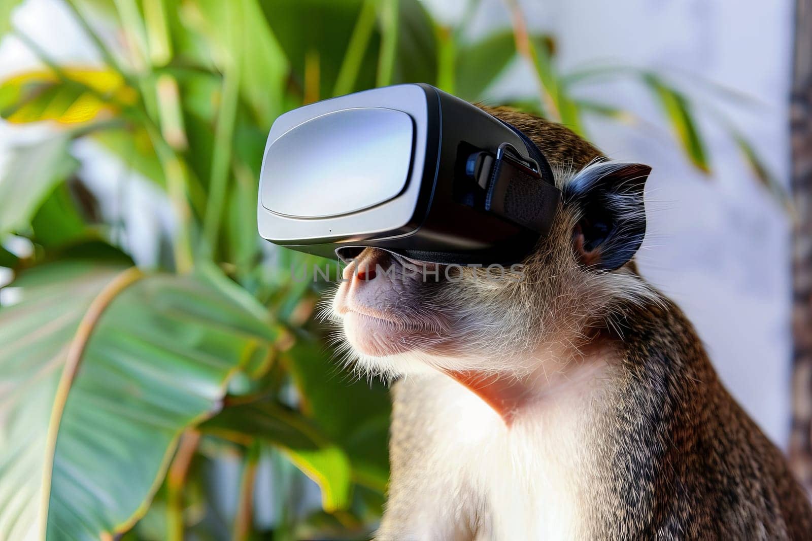 A monkey wearing a virtual reality headset. Generative AI.