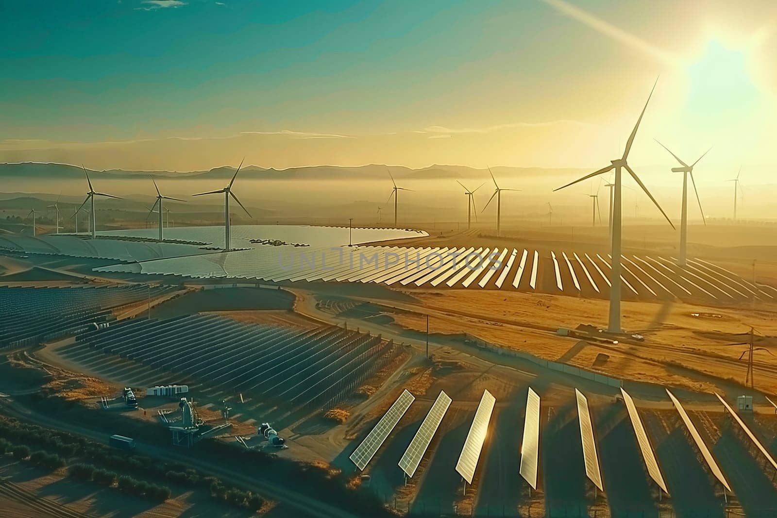 A large field of solar panels with wind turbines in the background. Generative AI by nateemee