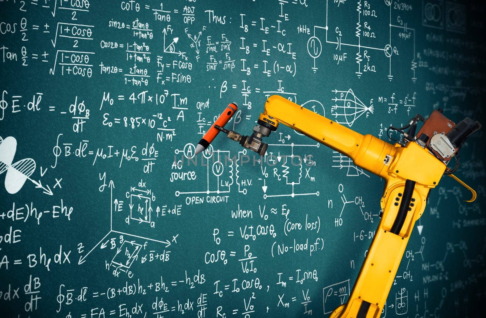 XAI Robot arm AI analyzing mathematics for mechanized industry problem solving by biancoblue