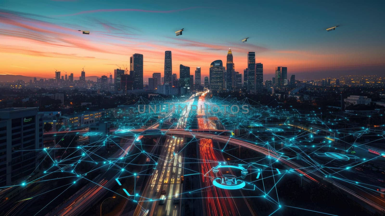 Smart city with connecting network and internet of things digital graphics over the skyline AIG41