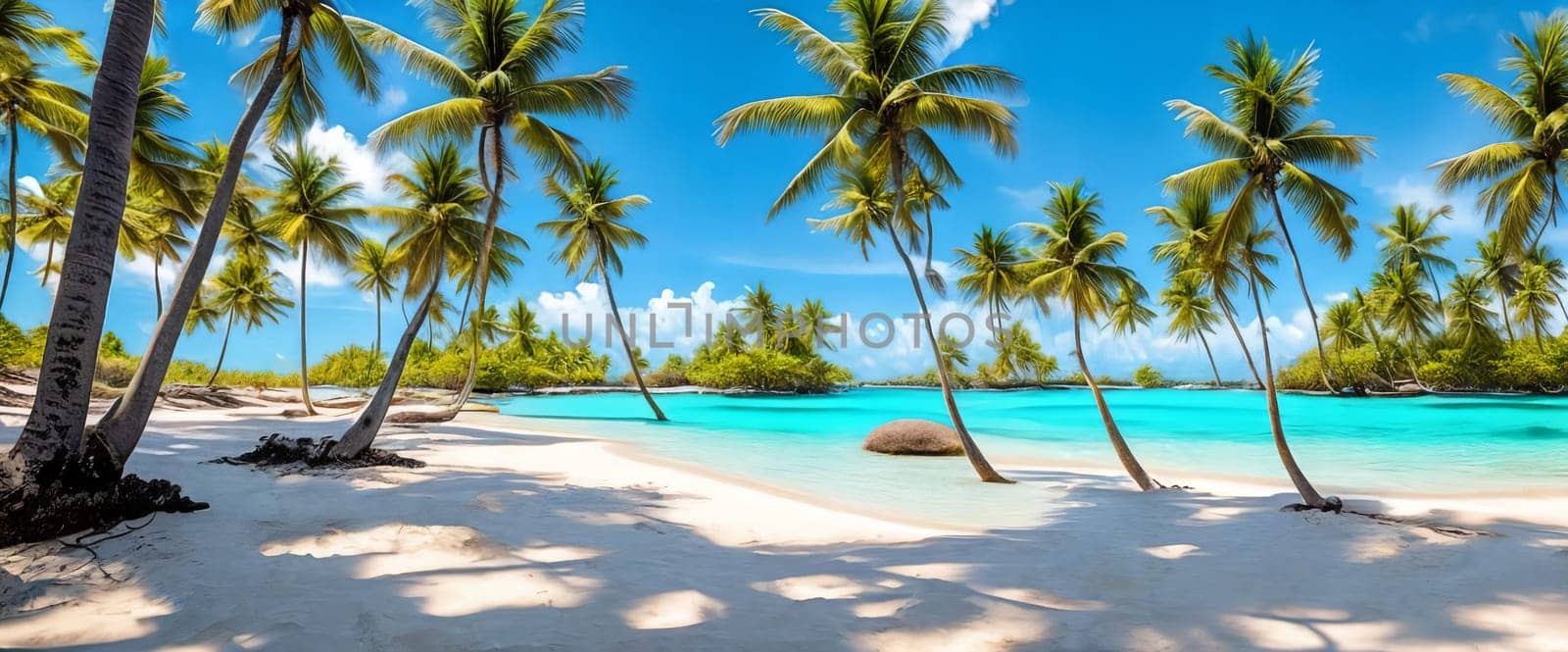 Tropical paradise of a pristine beach, with crystal-clear turquoise waters and palm trees swaying gently in the breeze