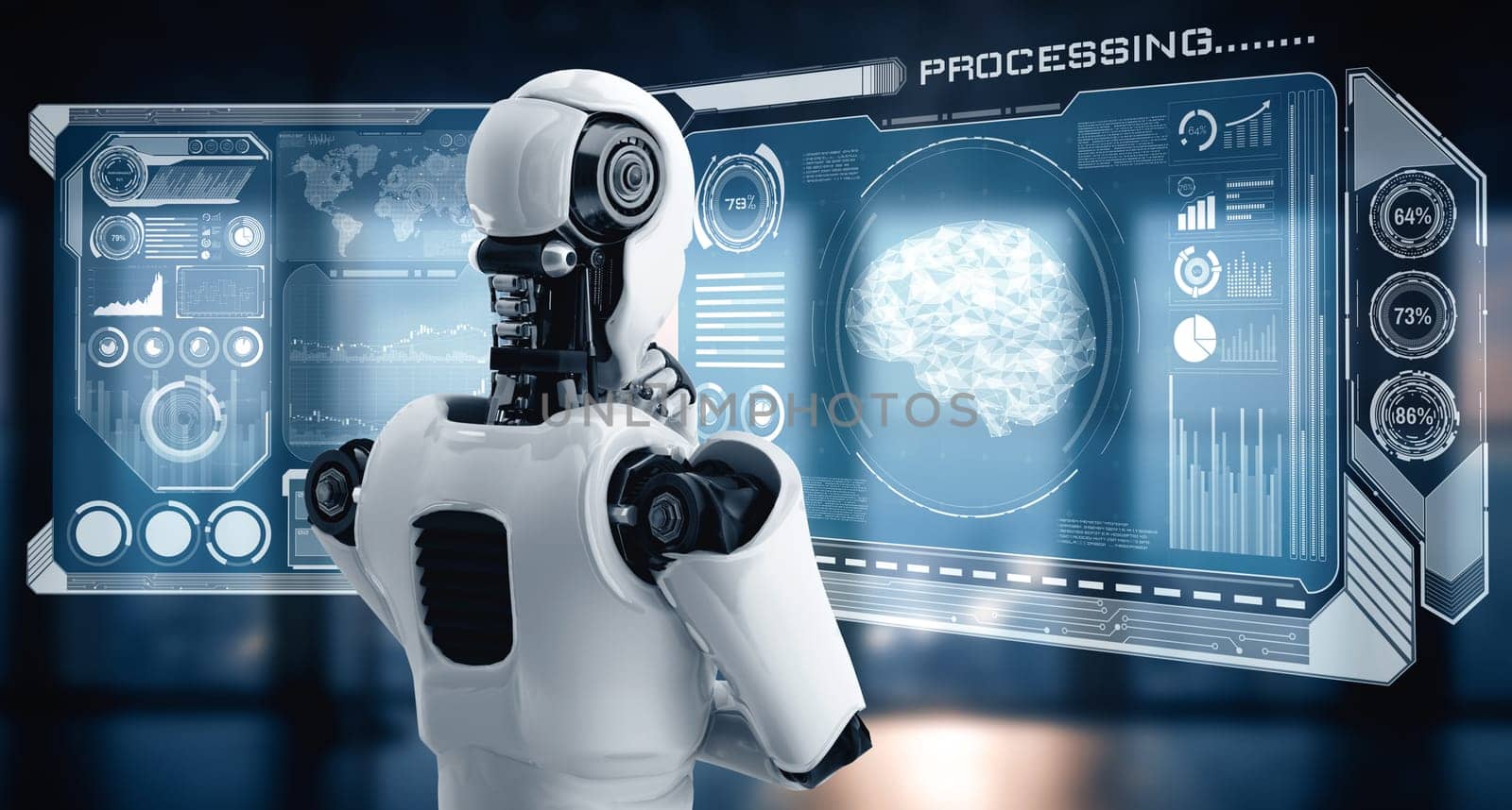 XAI 3d illustration Thinking AI humanoid robot analyzing hologram screen showing concept big data analytic using artificial intelligence by machine learning process. 3D illustration.