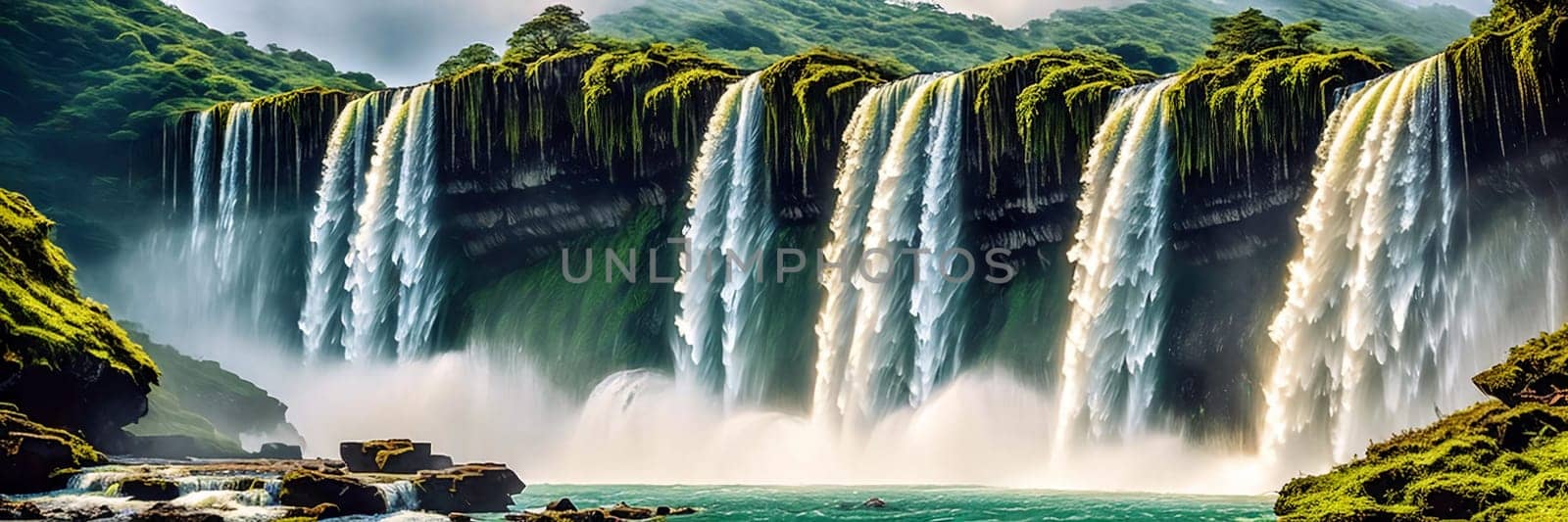 Witness a majestic waterfall plunging down a rocky cliff, displaying the raw power and beauty of nature in a mesmerizing capture