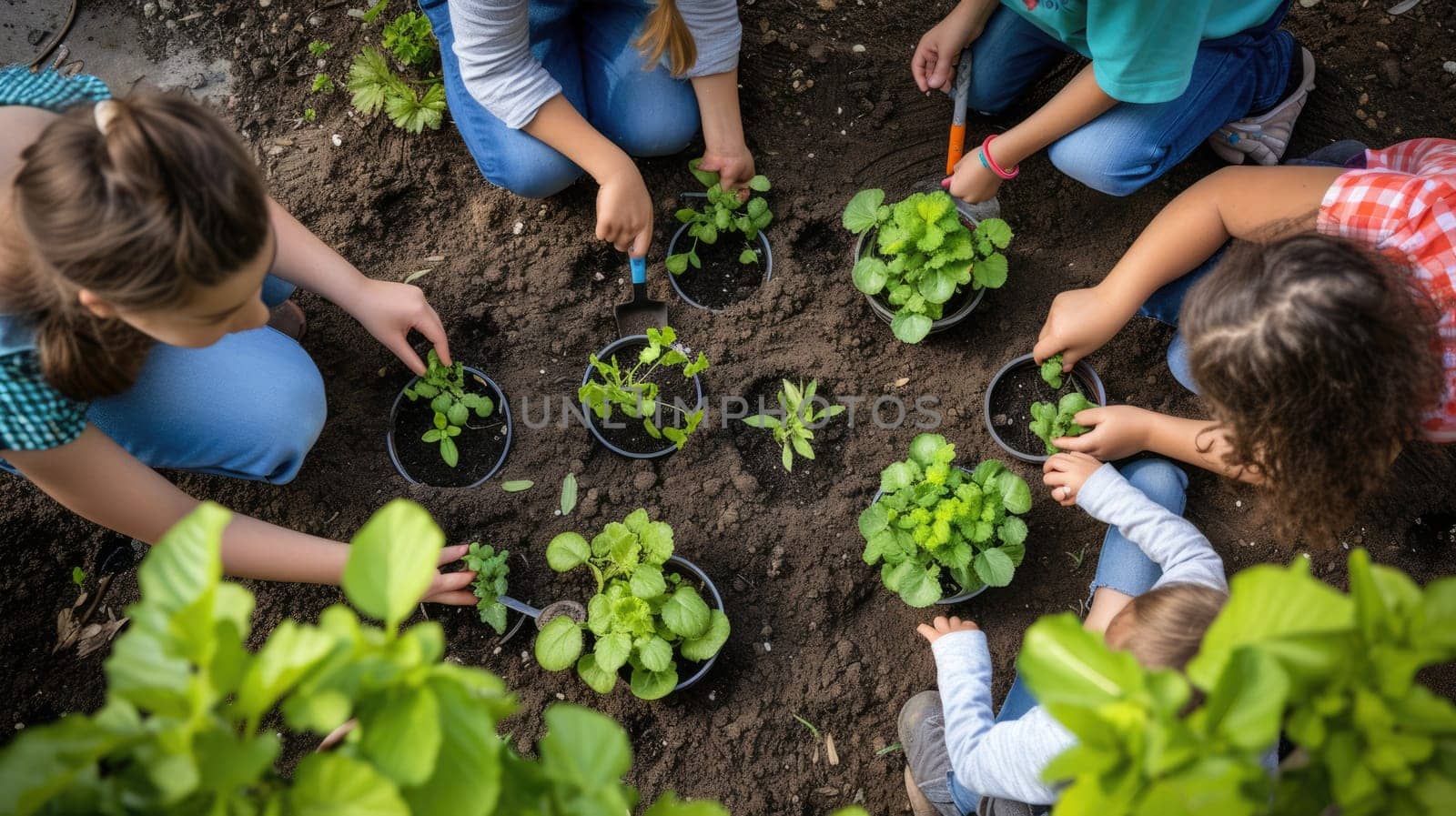 A woman and girls are leisurely planting hair, plants, and houseplants in flowerpots on the grassy garden, sharing the joy of terrestrial plant adaptation. AIG41