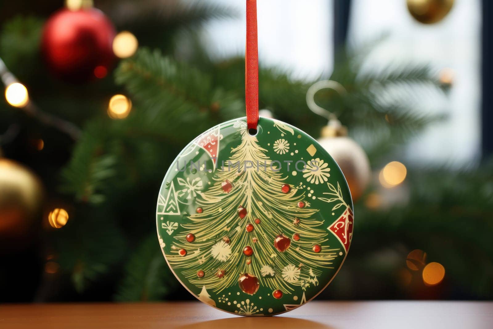 Empty Blank Round Christmas Ornament Mockup, Ceramic white circle family gift. AI generative.