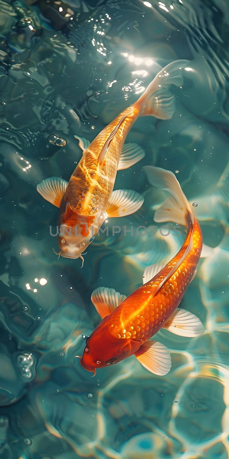 Two goldfish with shiny scales and graceful fins gracefully swim in the clear liquid of a tranquil pond, swirling through the underwater world