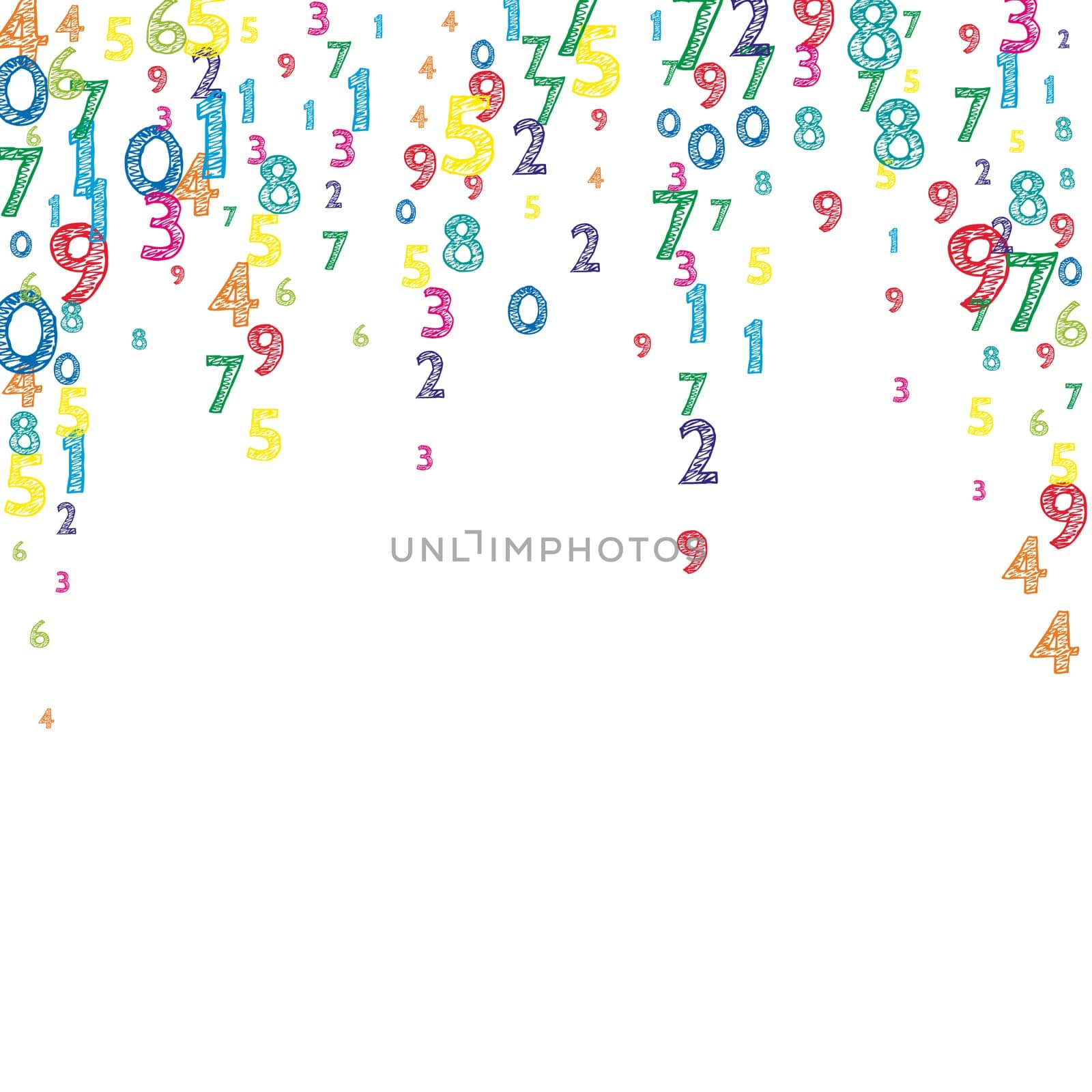 Falling colorful orderly numbers. Math study concept with flying digits. Unusual back to school mathematics banner on white background. Falling numbers illustration.