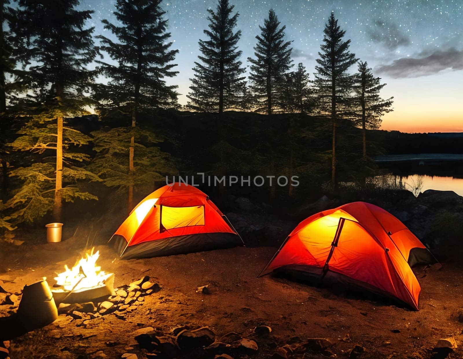 Set up a cozy camping scene with a tent pitched under the starry night sky, illuminated by a warm campfire by GoodOlga