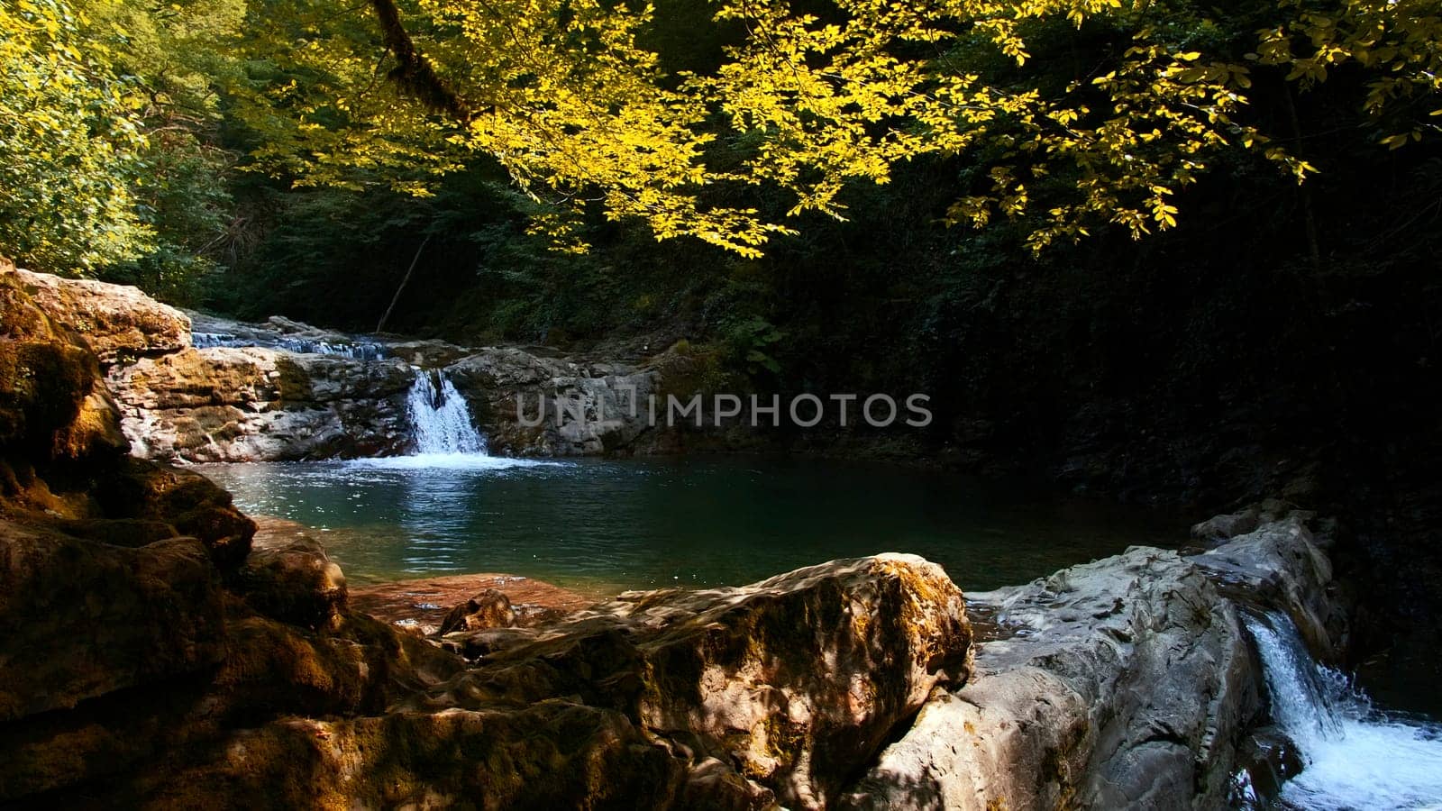 Picturesque summer natural pond in tropical forest. Creative. Small waterfall and jungles