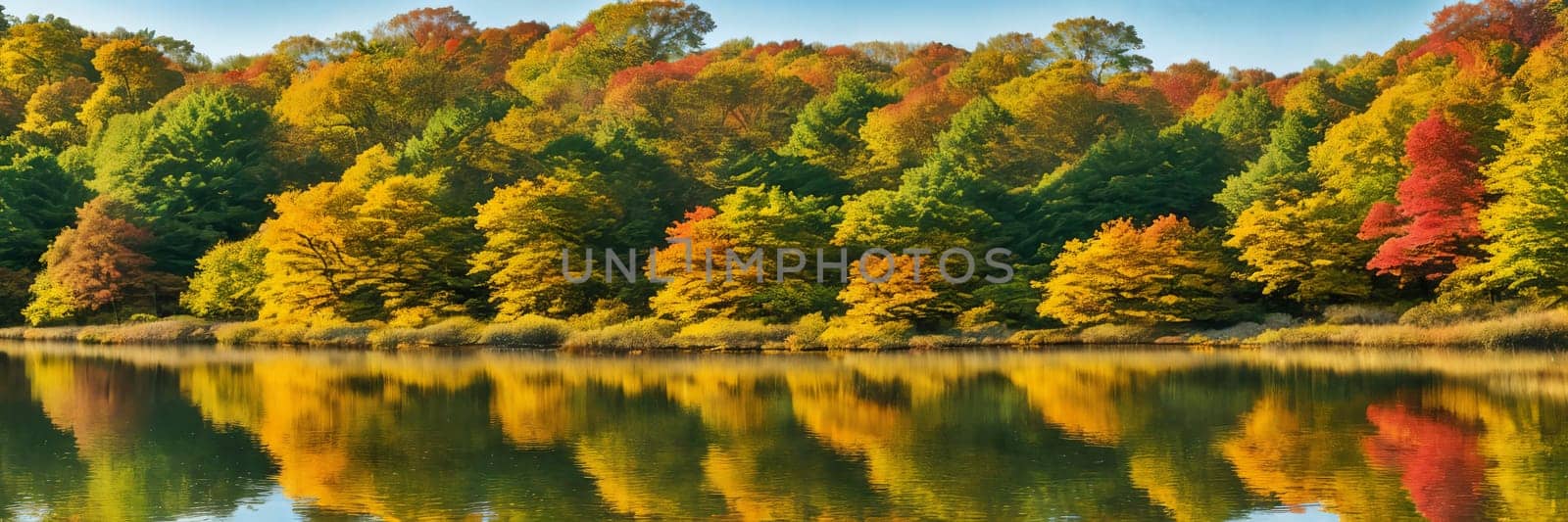 Colorful palette of autumn by focusing on a tranquil lake reflecting the vibrant foliage of surrounding trees on a sunny day