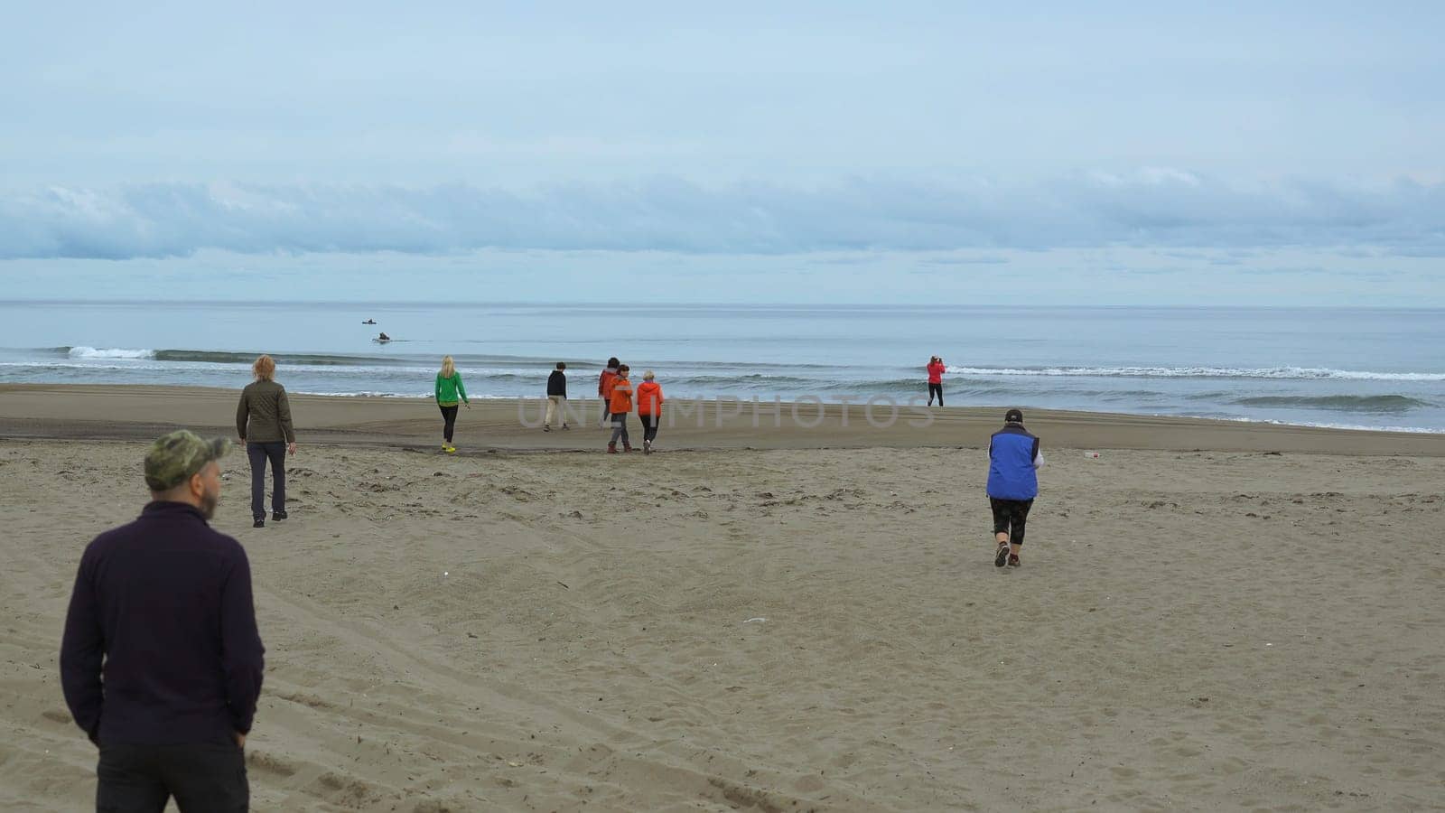 Group of people walking on beach by sea on cloudy day. Clip. People approach sea on beach. People walk on sandy beach.