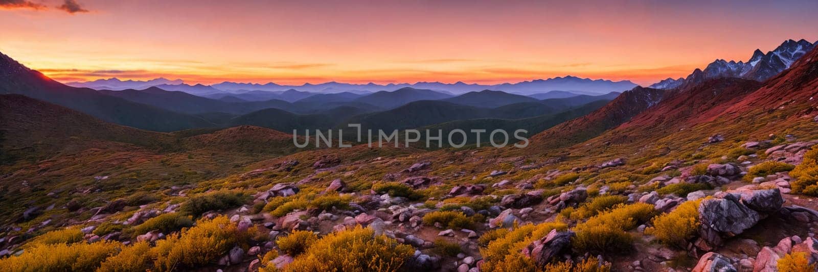 Rugged beauty of a mountain range at golden hour, with the sun setting in the background painting the sky in hues of orange and pink