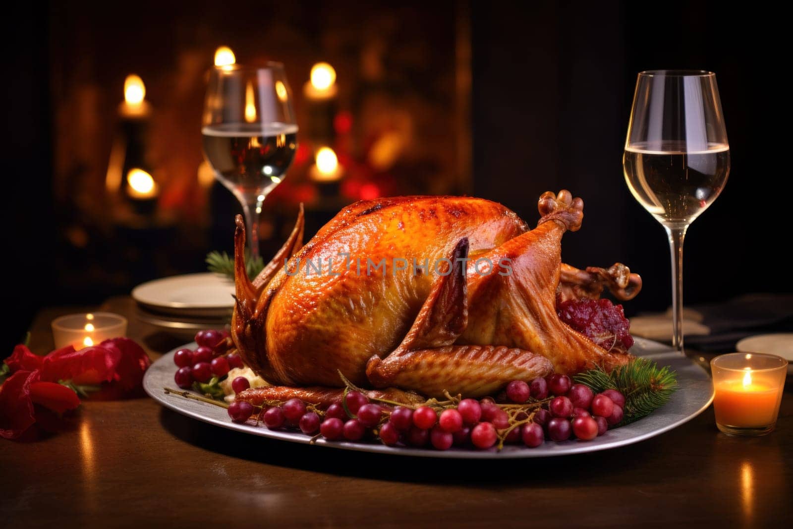 roasted turkey with vegetables and herbs is a traditional dish for thanksgiving or Christmas day. AI generative.