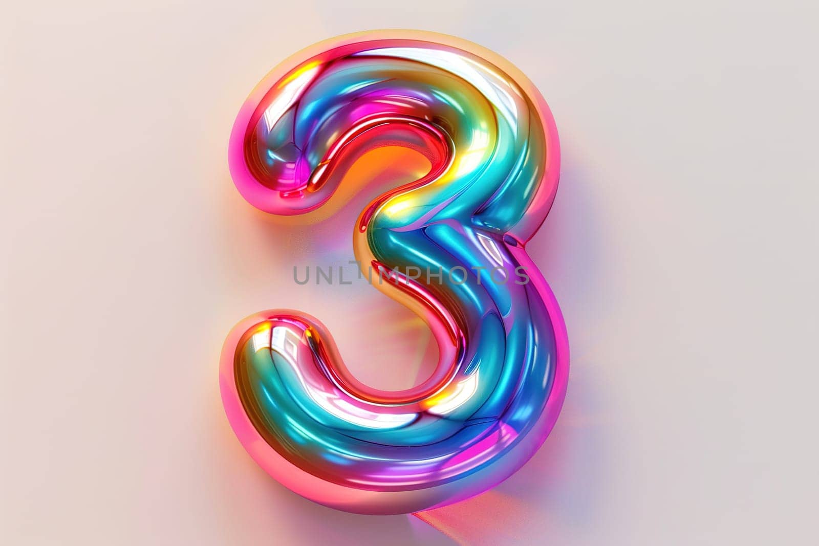 Colorful, rainbow number three. Holographic gradient. Symbol 3. Invitation for third birthday party, business anniversary, or any event celebrating a third milestone. Iridescent color. Generative AI
