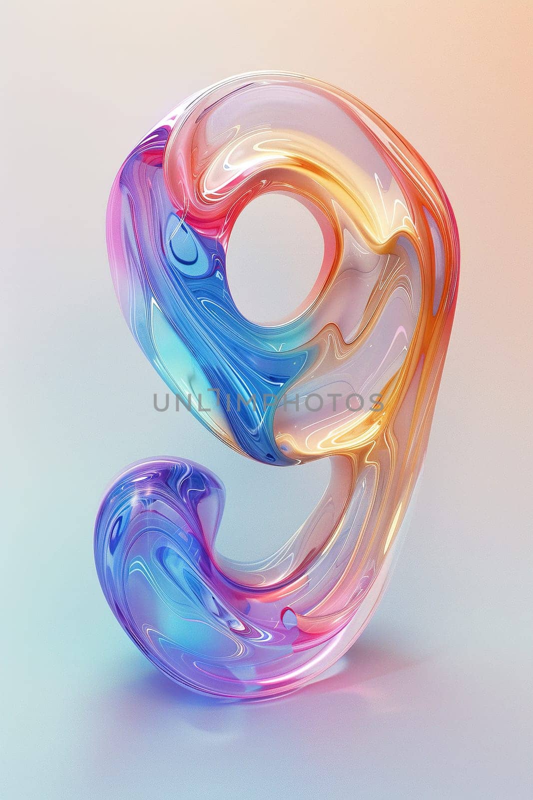 Colorful and playful number nine. Holographic gradient. Symbol 9. Invitation for a ninth birthday party or business anniversary. Iridescent color, liquid. Vertical picture. Generative AI