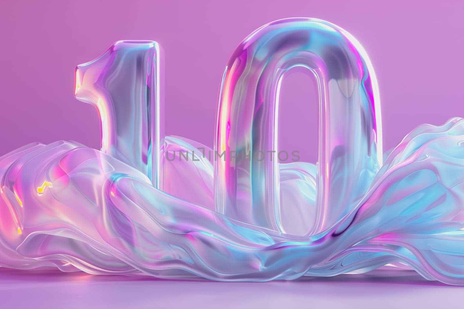 Colorful and playful number ten. Holographic gradient. Symbol 10. Invitation for a tenth birthday party or business anniversary. Iridescent color. Generative AI