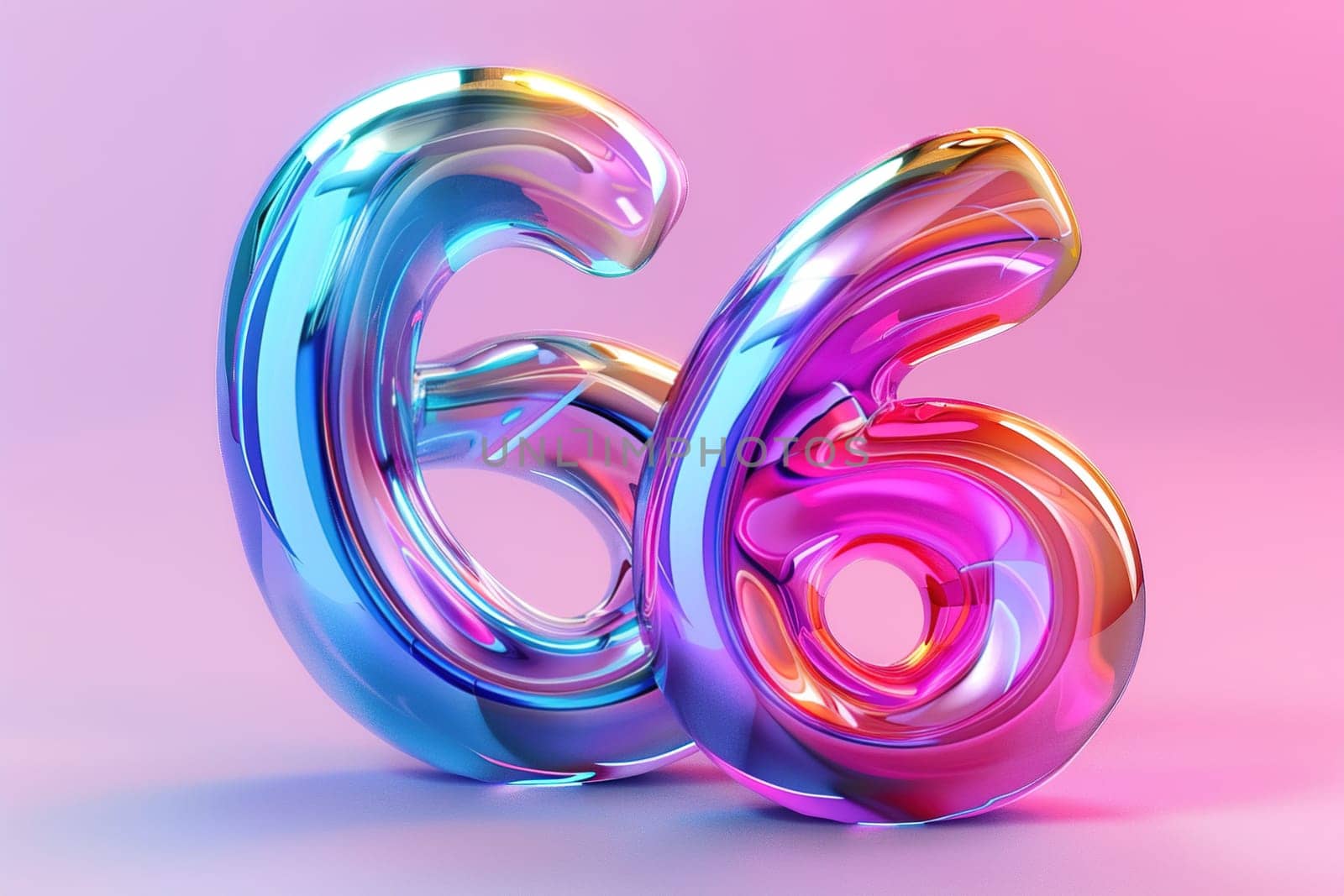 Colorful number sixty six. Holographic gradient. 66 Years Old. Invitation for a sixty sixth birthday party, business anniversary. Iridescent, neon color. Generative AI