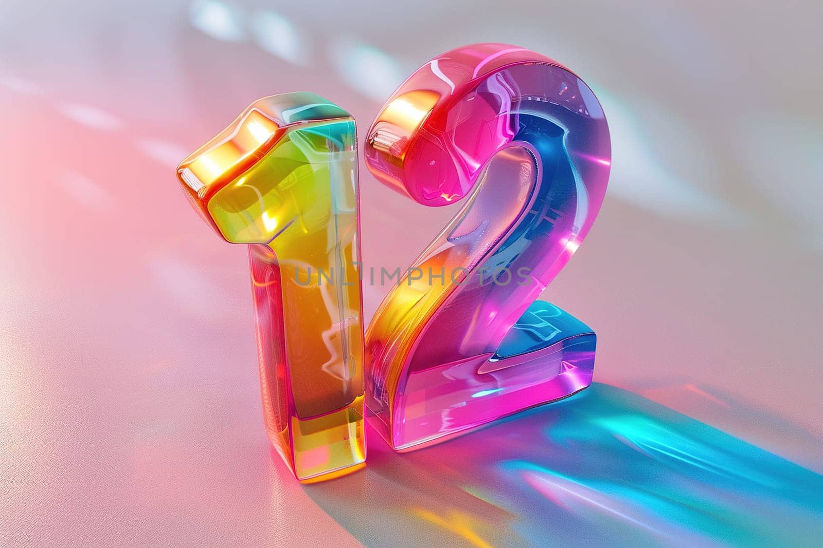 Colorful and playful number twelve. Holographic gradient. Symbol 12. Invitation for a twelfth birthday party or business anniversary. Iridescent, neon color. Generative AI