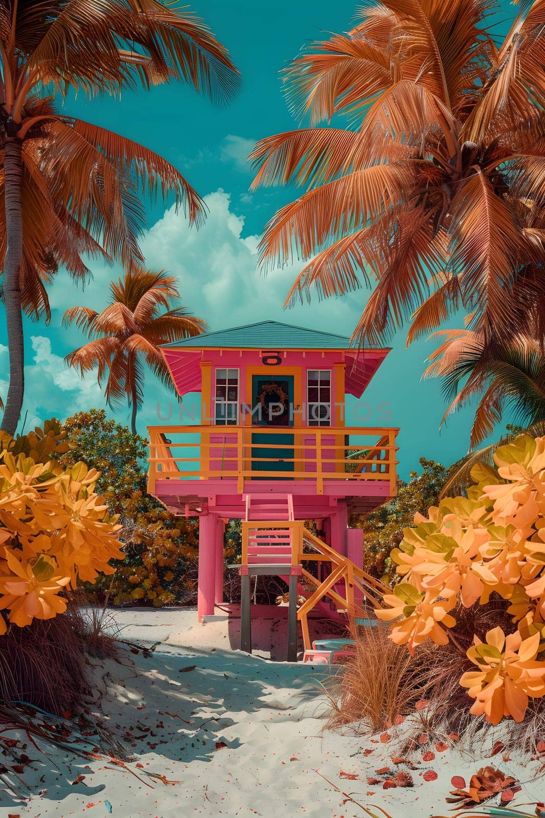 A pink and yellow lifeguard tower stands on a sandy beach, surrounded by lush palm trees. The vibrant colors stand out against the blue sky, creating a picturesque natural landscape
