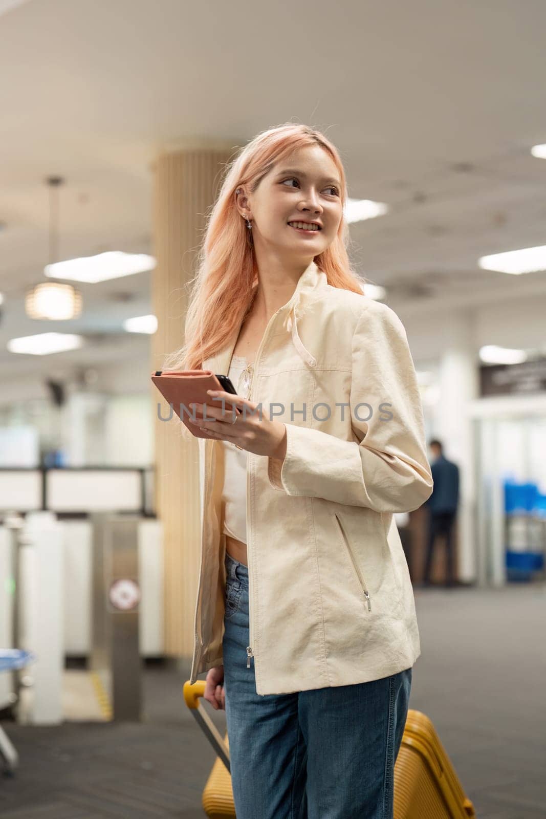 Airport travel and woman with passport, flight ticket or information of immigration, journey and luggage. identity document and international registration.