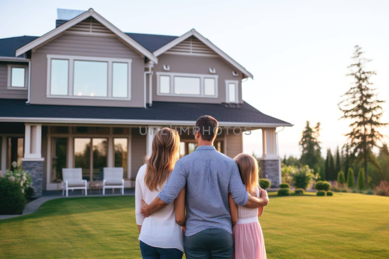 young couple happy in front of their new home to start new life. Generative Ai.