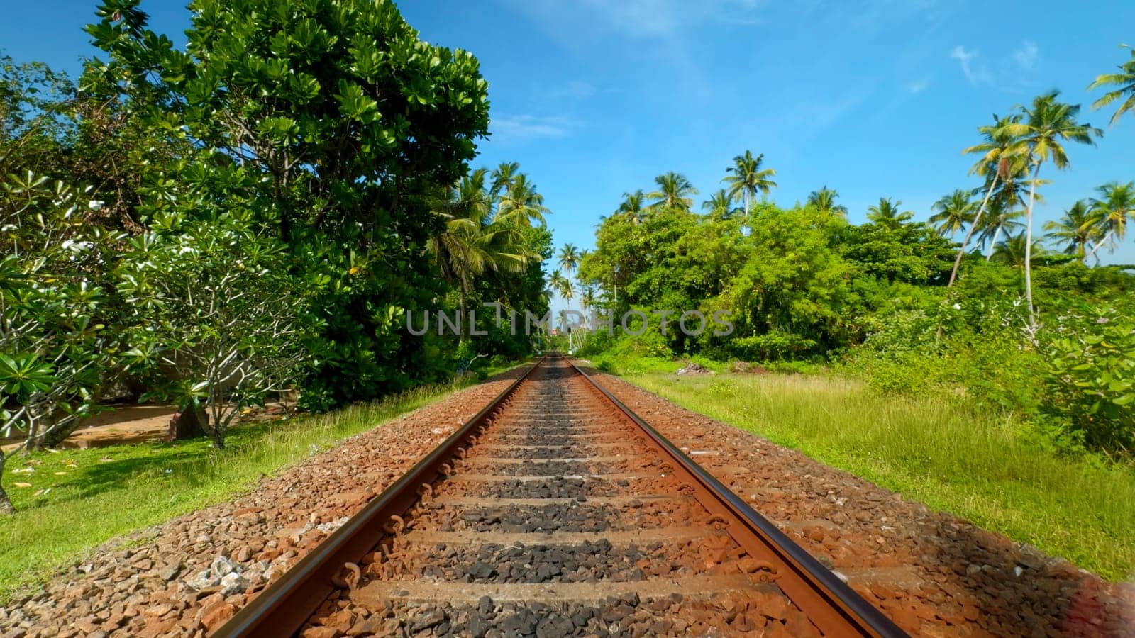 Walking along abandoned railway track. Action. Lush green tropical vegetation on a summer day. by Mediawhalestock