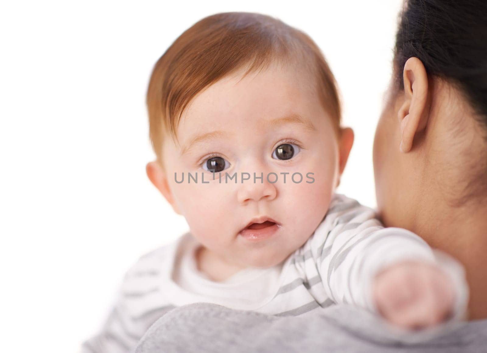 Studio, baby and portrait of infant with mother for adoption, care and bonding with child for development. Newborn, parent and face of girl for comfort, safety and support on white background by YuriArcurs