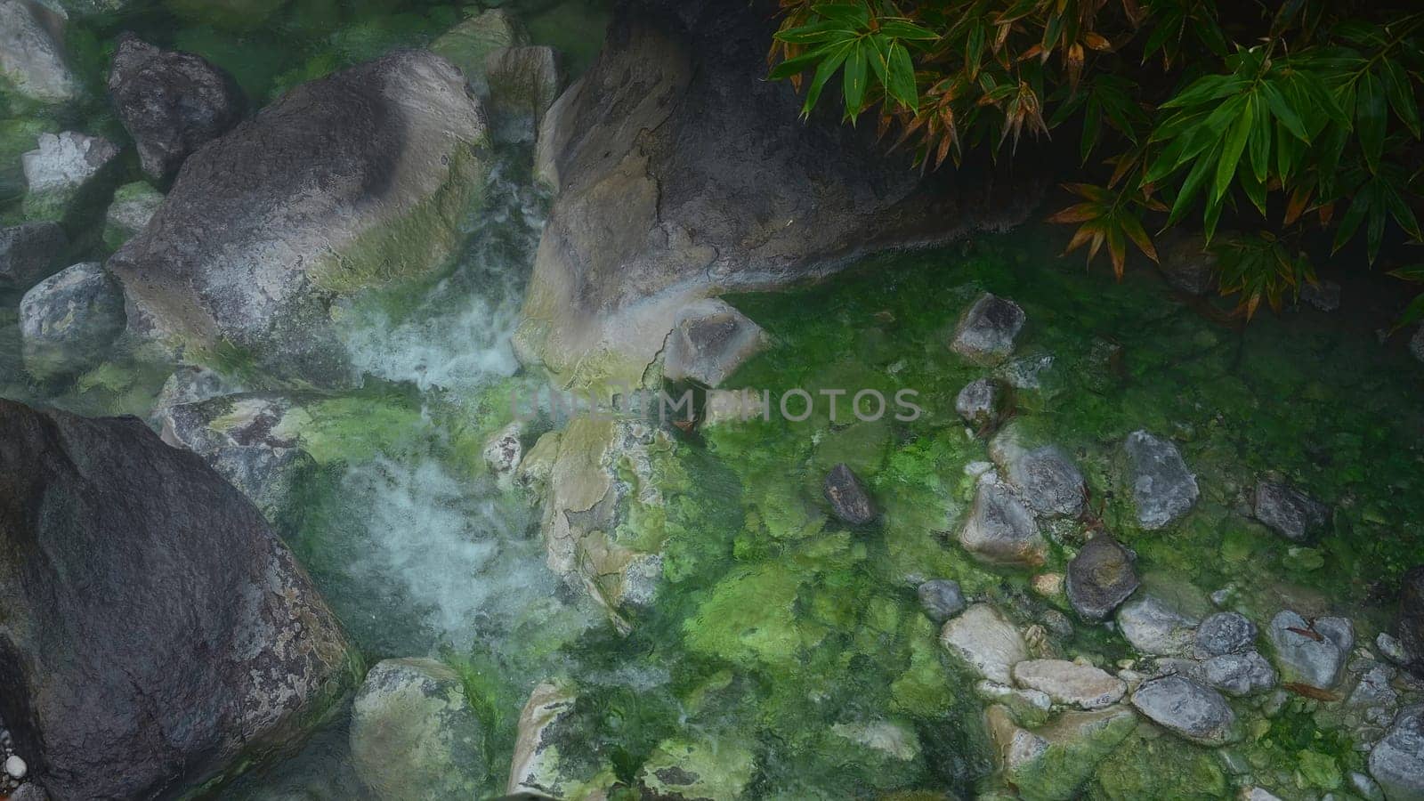 Beautiful view of flowing water in mountain gorge in jungle. Clip. Beautiful stream of river moving in stone gorge. Clear spring stream moves in jungle in summer.