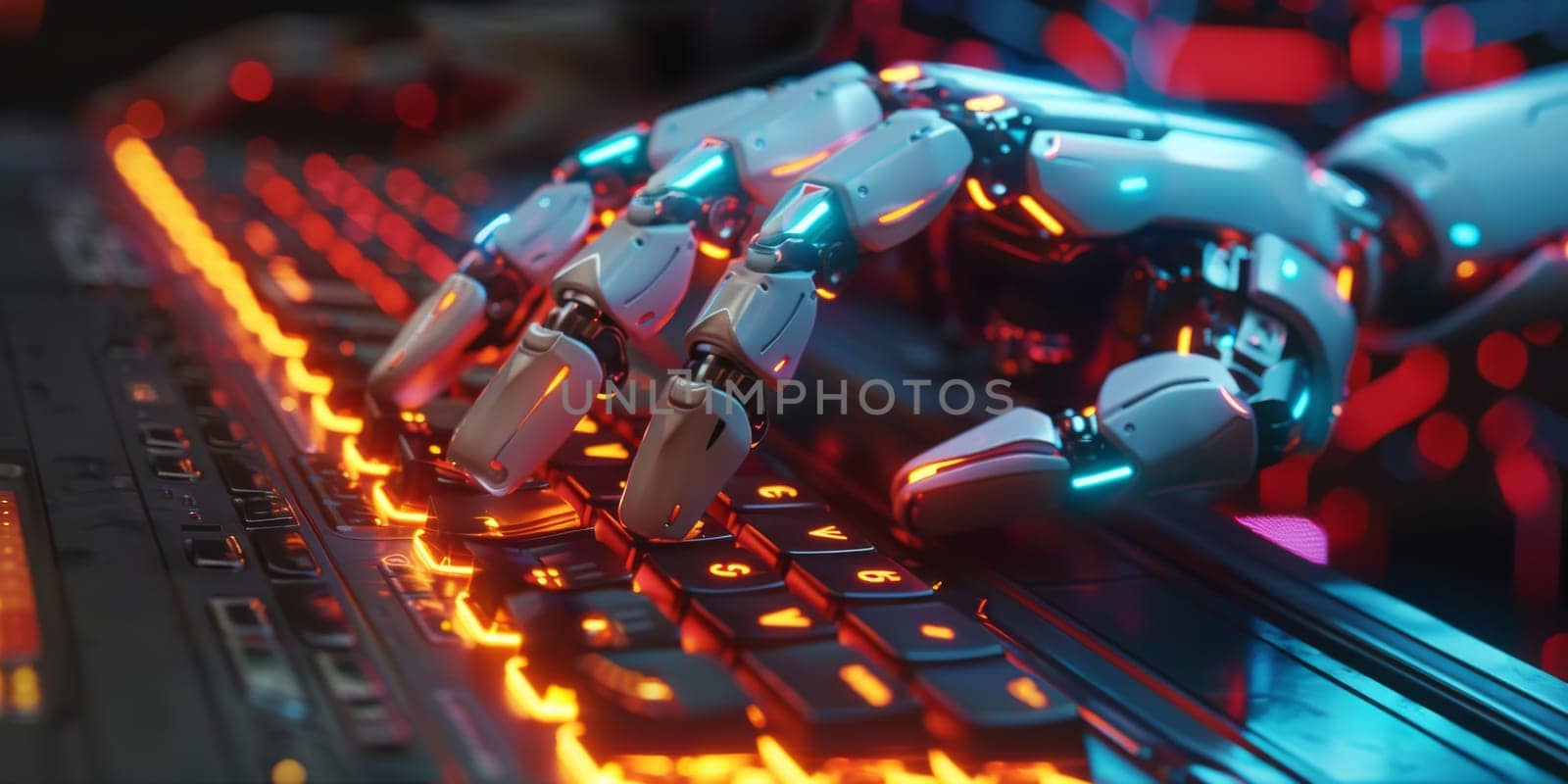 A robotic hand is pointing to a glowing blue circle on a computer screen. futuristic technology by itchaznong