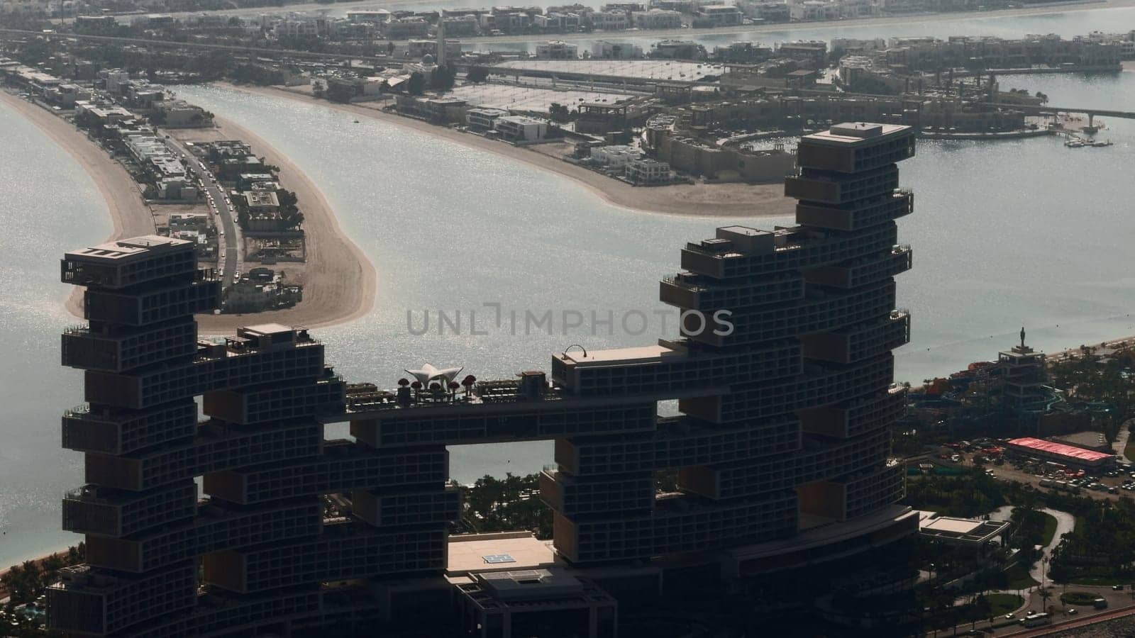 Dubai - UAE, June 11, 2023: The Royal Atlantis Resort, aerial view. Action. Residence At The Palm on a sunny day