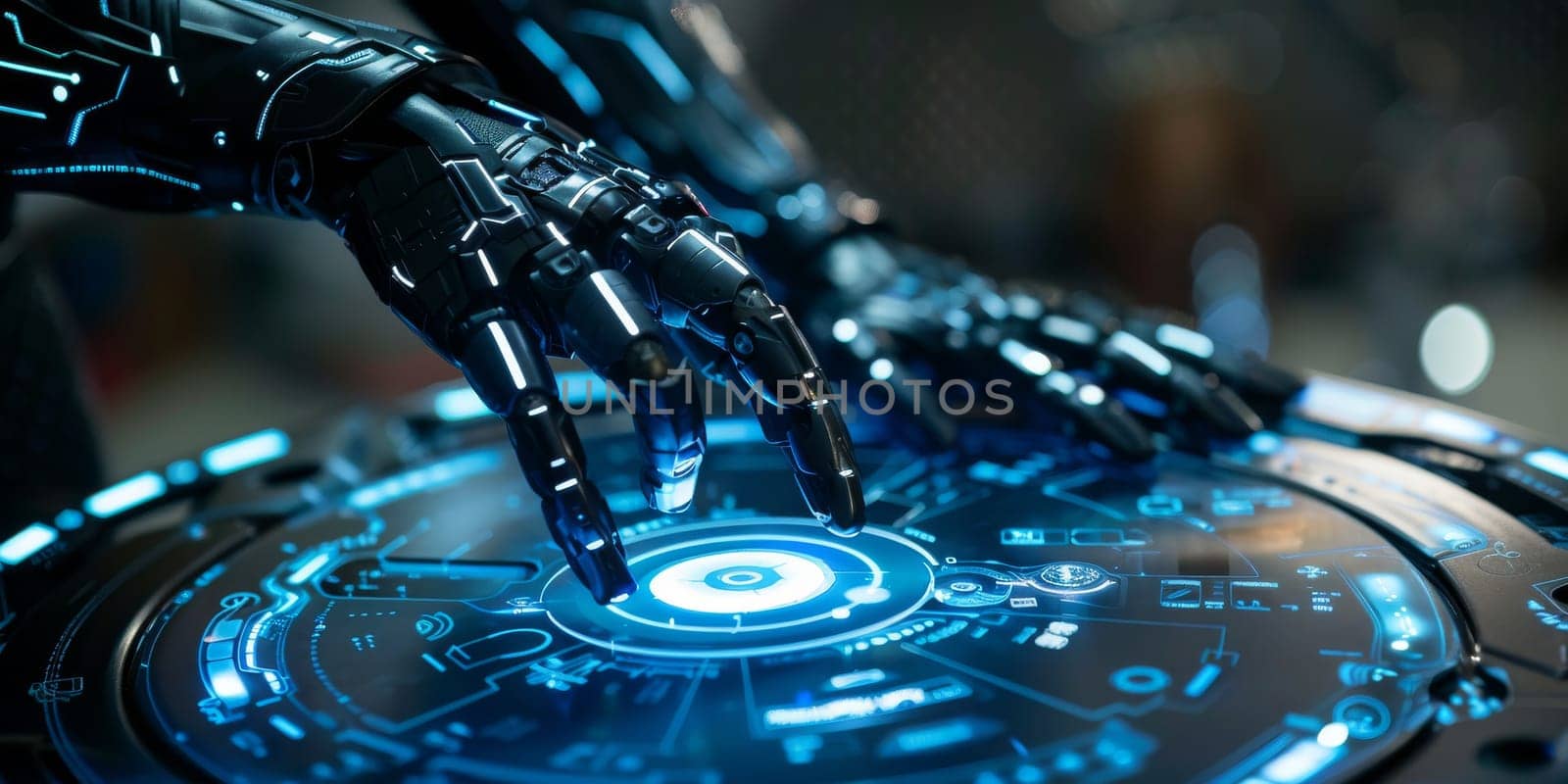 A robotic hand is pointing to a glowing blue circle on a computer screen. Concept of futuristic technology and the potential for advanced artificial intelligence
