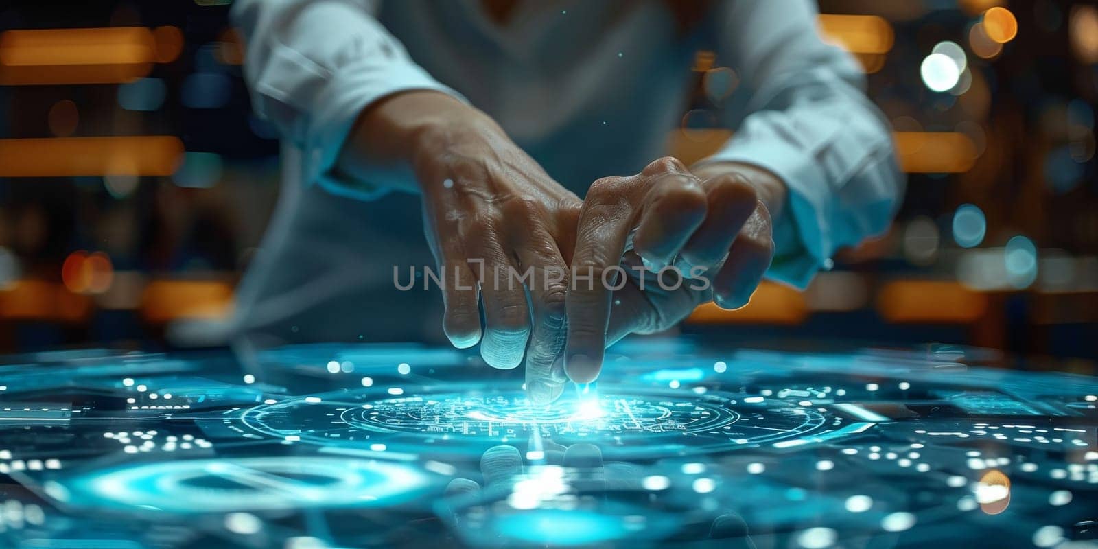 A person is touching a glowing circle on a computer screen. futuristic technology by itchaznong