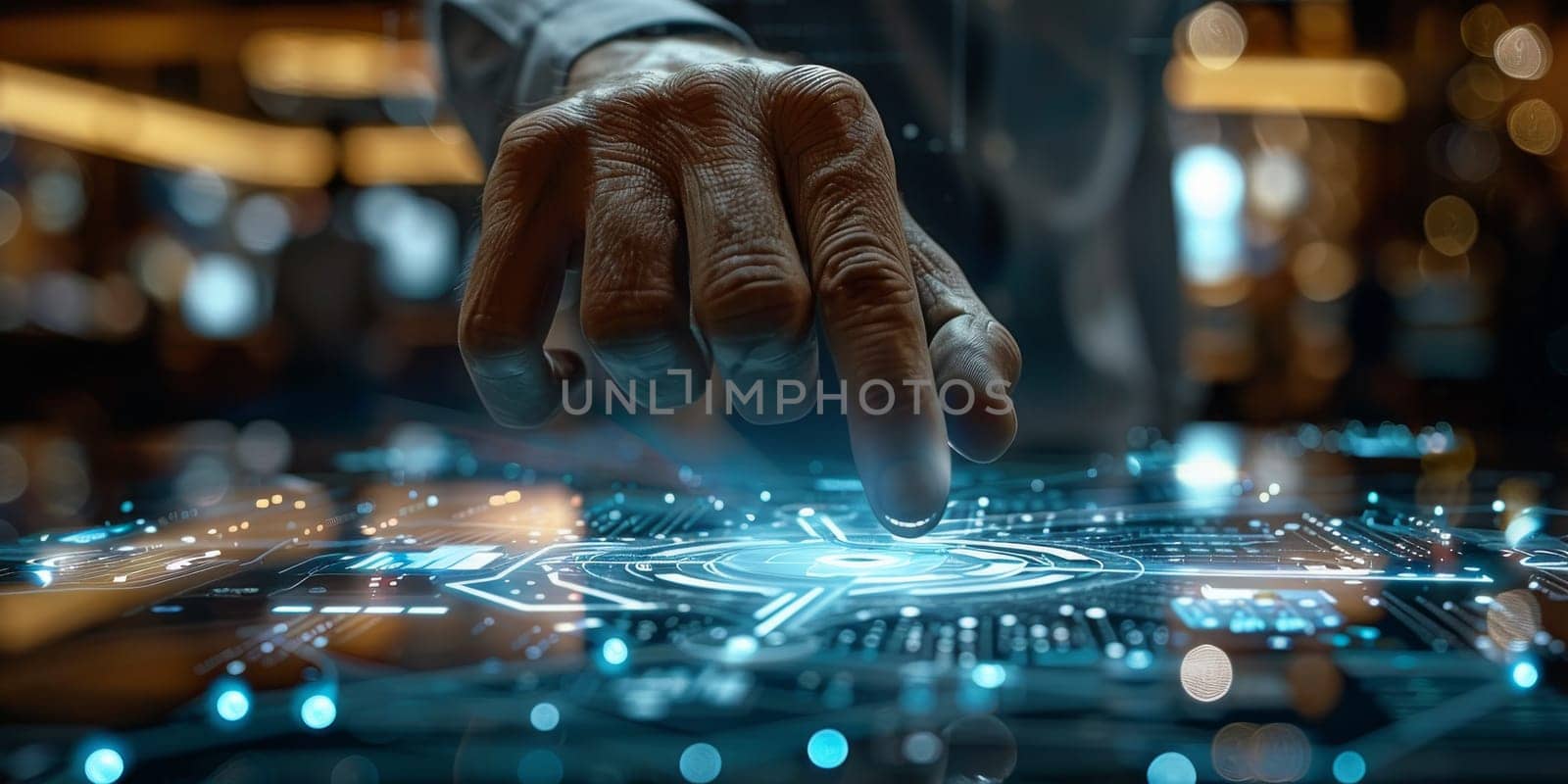 A person is touching a glowing circle on a computer screen. futuristic technology by itchaznong