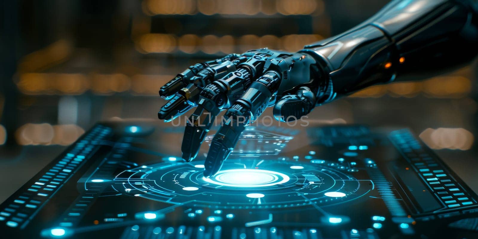 A robotic hand is pointing to a glowing blue circle on a computer screen. Concept of futuristic technology and the potential for advanced artificial intelligence