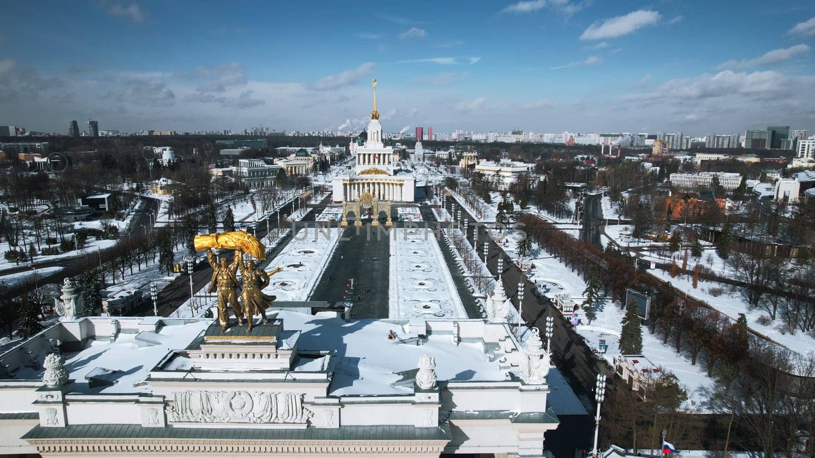 Top view of historic Soviet Square in winter. Creative. Historical buildings with monuments and arches in city center. Winter cityscape with historical center and square.
